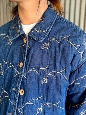 Vintage 1980s quilted denim jacket with floral embroidery